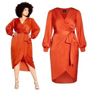 New! City Chic Opulent Faux Wrap Amber Cocktail Party Fall Midi Dress